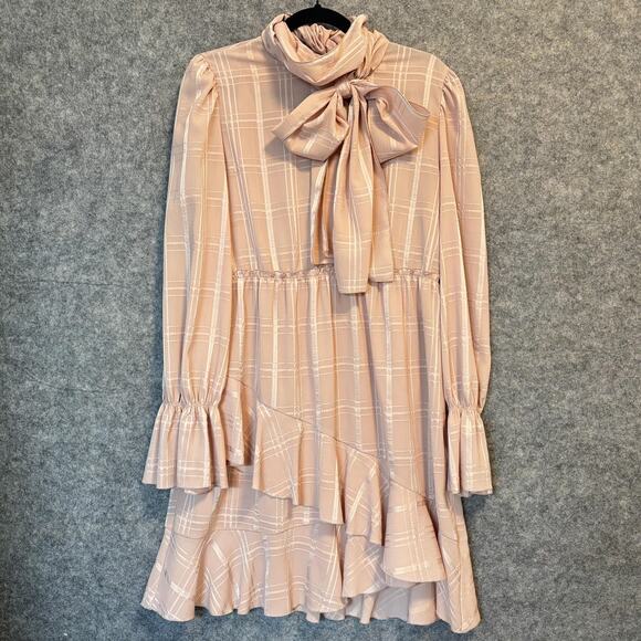 See By Chloe Dress Womens 42 US 10 Pink Long Sleeve Plaid Bow Neck Ruffle Lined - Picture 1 of 16